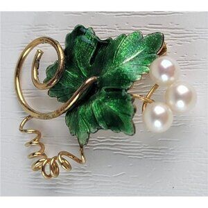Vintage Gold Filled Natural Pearls Cluster Grape Brooch Green Enamel 12/20 GF